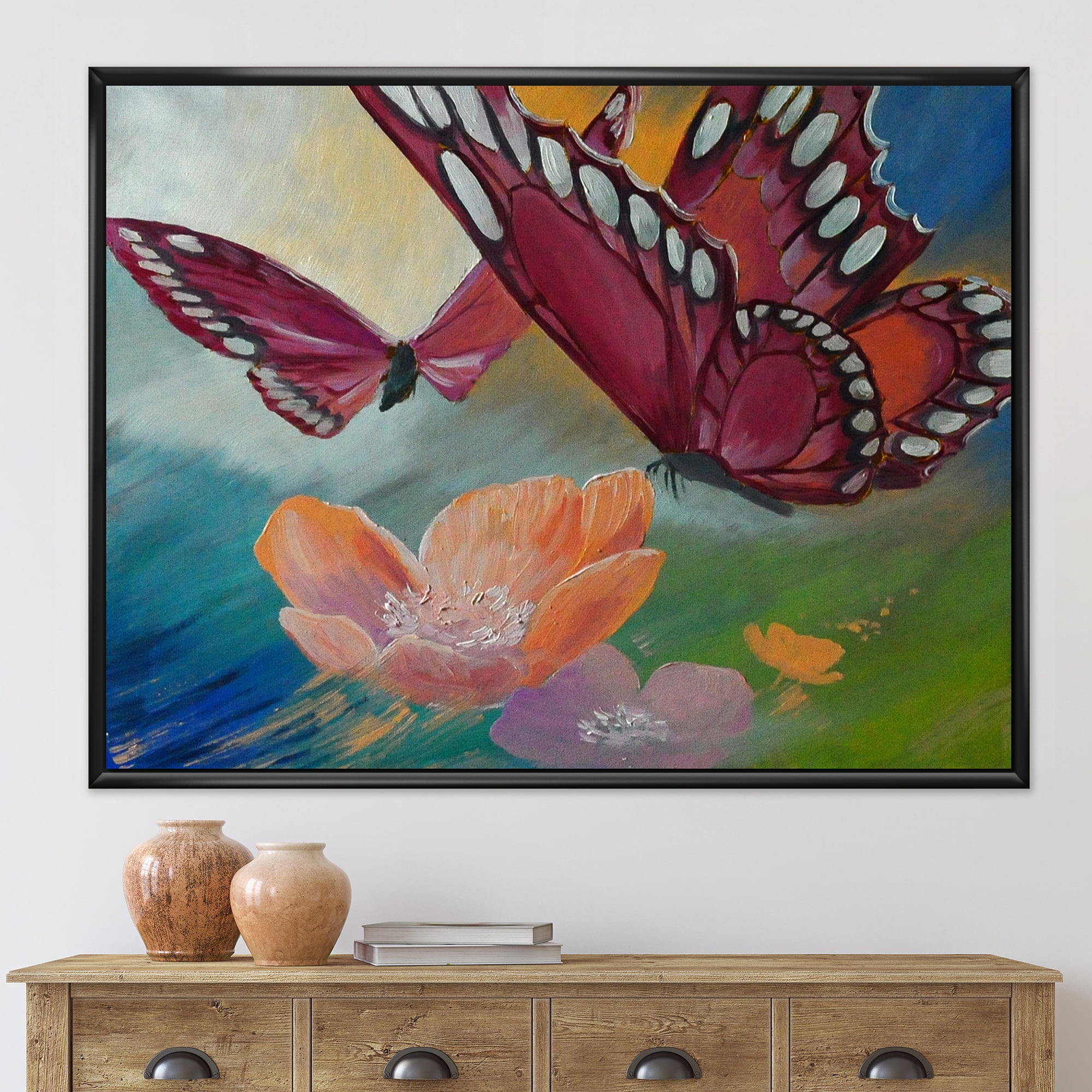 Designart 'Butterflies On Pink Flowers' Traditional Framed Canvas Wall Art Print