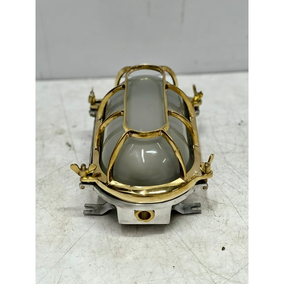 Marine Collection Aluminum Metal Oval Bulkhead Wall Ceiling Lighting Fixture with Brass Cage and White Globe