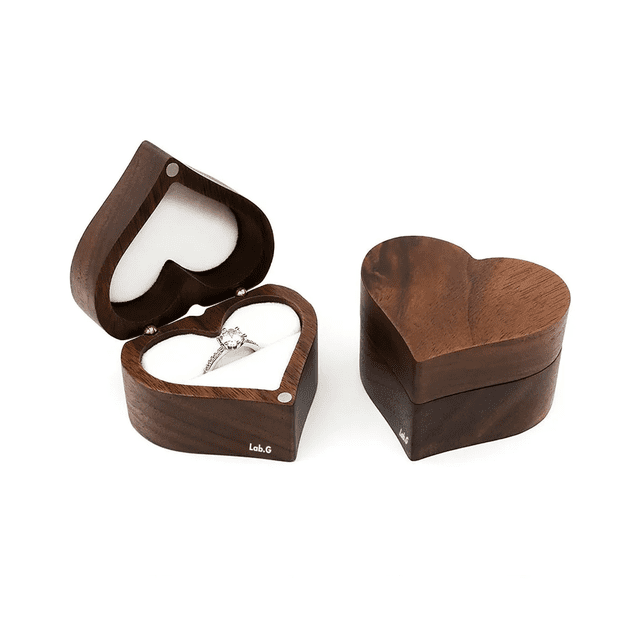 Caja Corazón De Madera Nogal Para Anillos De Boda Compromiso Lab.G, Cafe Oscuro Blanco