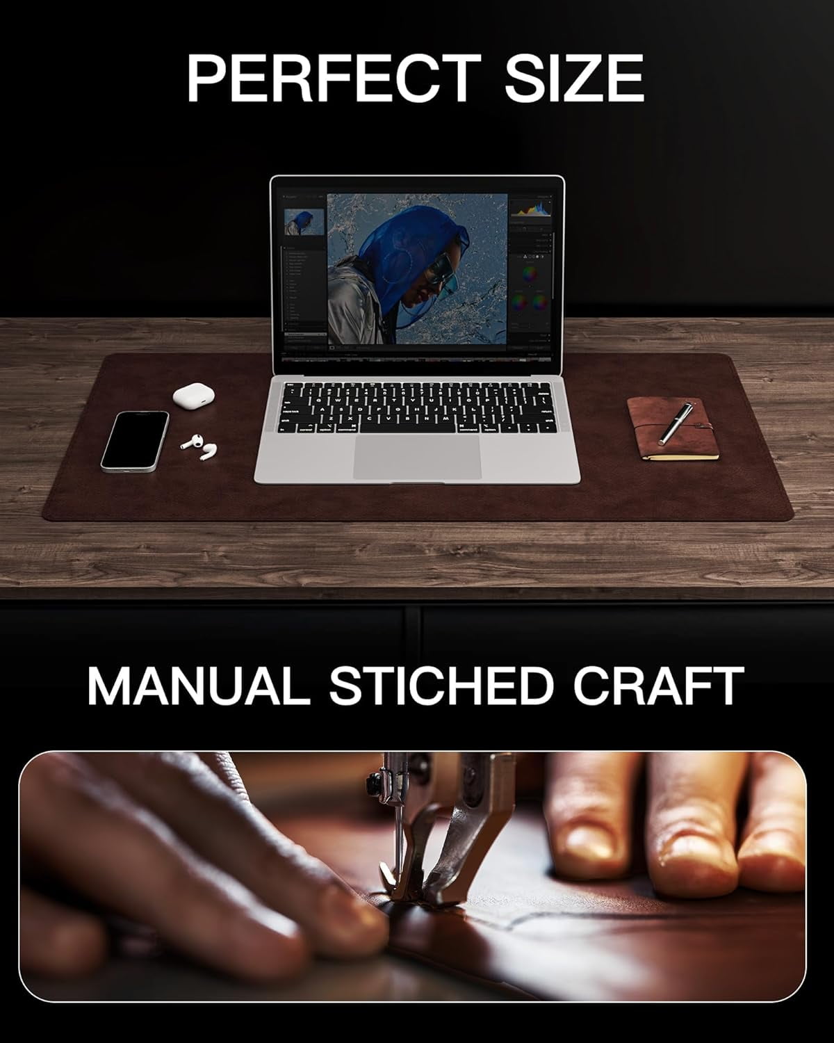 Genuine Leather Desk Mat, 35.4"X17" Office Desk Pad, Thick Premium Table Pad with Stitched Line, Non-Slip Laptop Writing Pad with Rubber Base (Dark Brown, 35.4"x17")