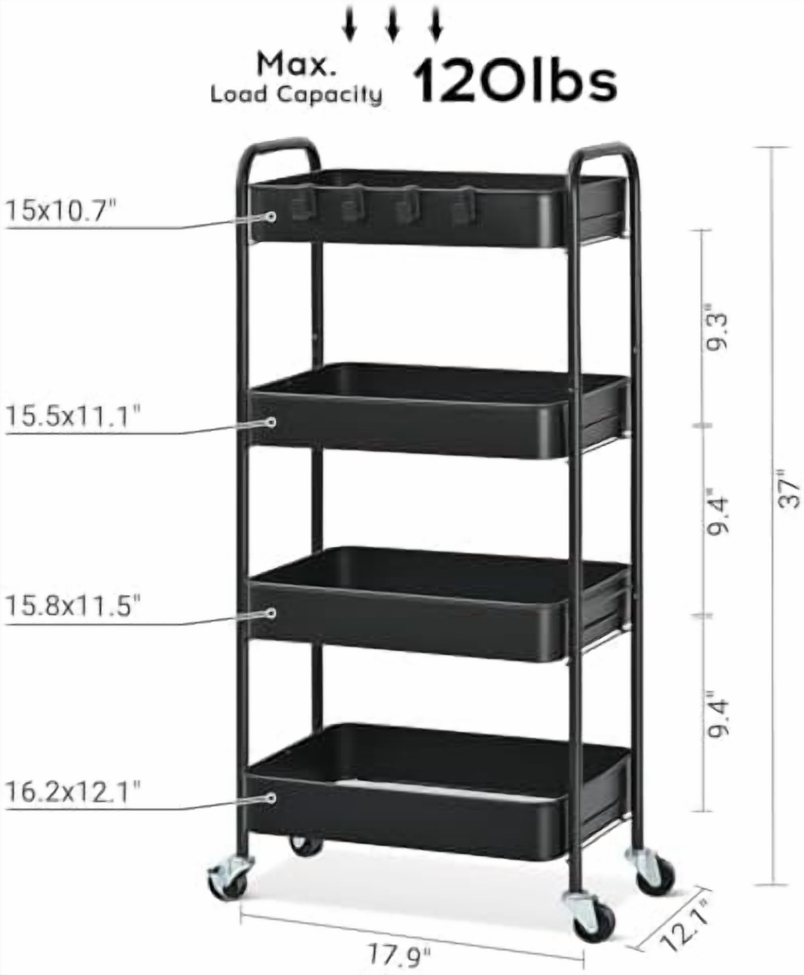 4-Tier Metal Rolling Cart with Wheels, Storage Utility Organizer Cart for Kitchen, Bathroom, Office, Baby Essentials & Makeup - Lockable Casters, Easy Assembly, Large Capacity, Black