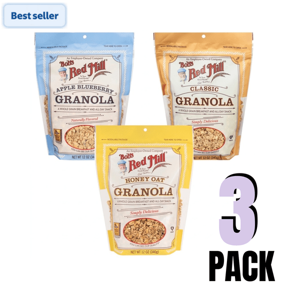 Bob's Red Mill Granola Variety Pack – Apple Blueberry, Classic, Honey Oat (12 oz Bags, 3 Pack)