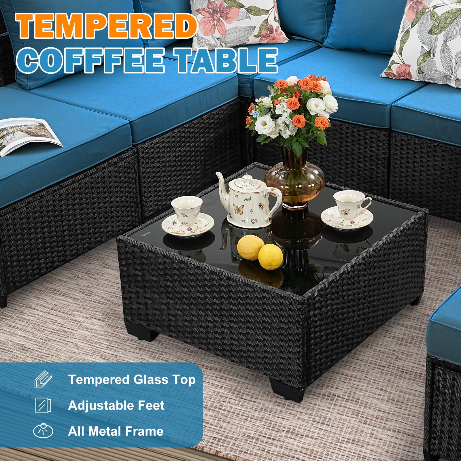 TerraRelax 6 Pieces Patio Furniture set All-Weather Outdoor Wicker Sectional Conversation Sofa Rattan patio seating sofa with cushion and Glass Table and Ottoman for Porch Poolside,Peacock