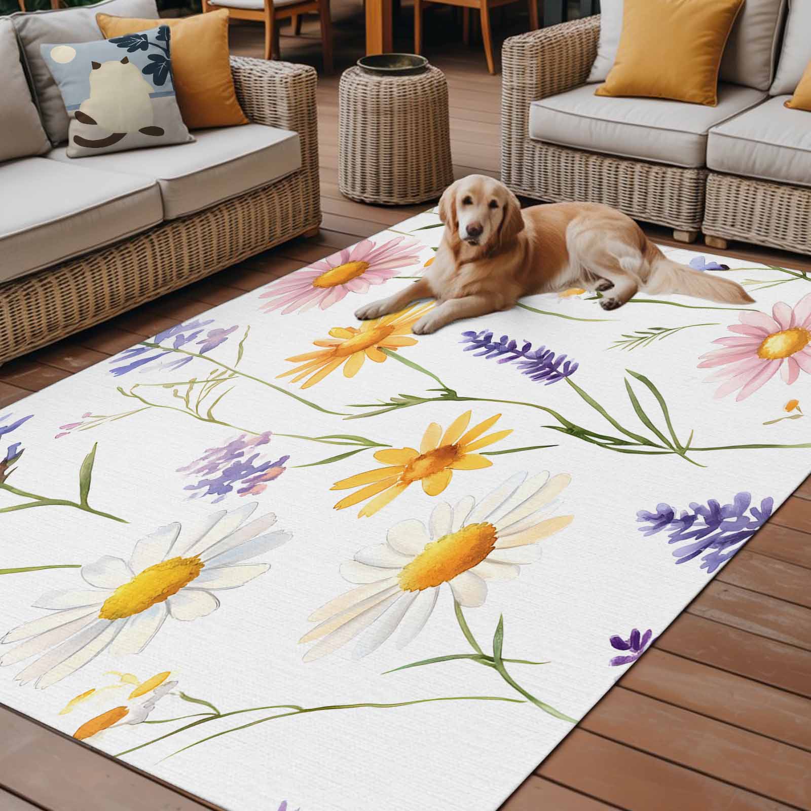 Fsddascl Pink Yellow Daisies Outdoor Rug for Patio/Deck/Porch, Non-Slip Large Area Rug 4 x 6 Ft, Spring Farmhouse Botanical Floral Indoor Outdoor Rugs Washable Area Rugs, Camping Rug Carpet