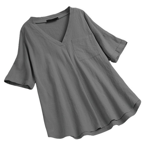 Elainilye Fashion Shirts for Women V-Neck Summer Short Sleeve Blouse T-Shirt Causal Solid Pockets Tops Cotton Linen Shirt,Gray