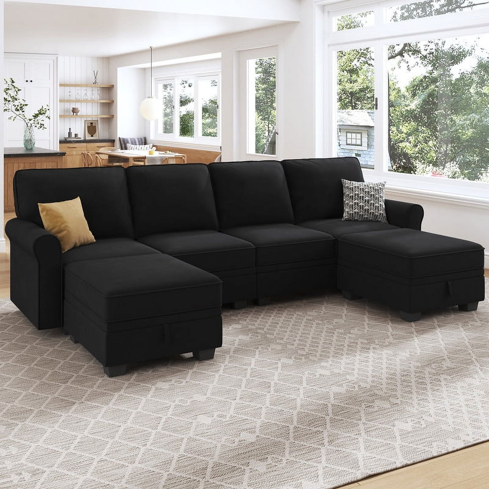 "Honbay Unisex 102.4"" Black Sectional Sofa with Armrests and Chaise, 100% Polyester"