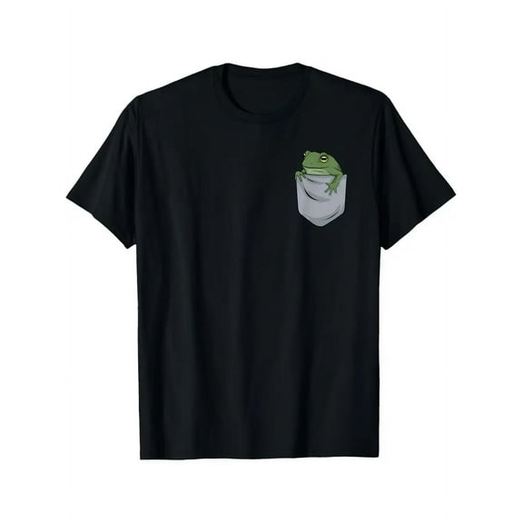 Men's 220g 100% Cotton T-Shirt with Playful Frog Chest Pocket Graphic - Black Casual Short Sleeve Round Neck Tee