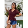 thumbnail image 6 of JWD Waffle Knit Lace Short Sleeve Blouses V Neck T Shirts Summer Casual Tops For Women Wine Red Small, 6 of 6