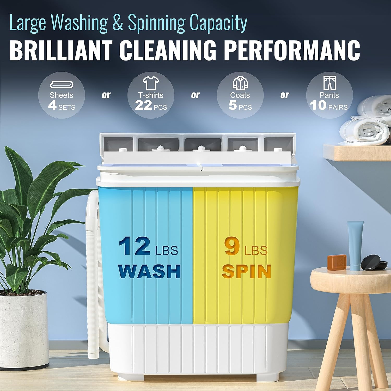 Superday 21.6 LBS Portable Washing Machine, 2 In 1 Mini Compact Twin Tub Washer and Spin Dryer with Built-in Gravity Drain Time Control, 9 Lbs Spinner Load Capacity for Home/Apartment/Dorms/RV(Blue)