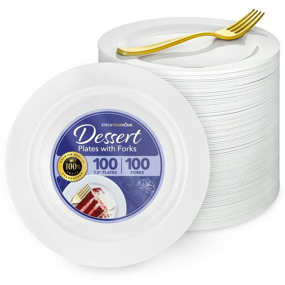 200 Pcs White Plastic Dessert Plates for Weddings and Gold Plastic Forks, 7.5" Wedding Cake Plates and Forks, Elegant Salad/ Appetizer Plates Disposable for Party, Thanksgiving, Reception