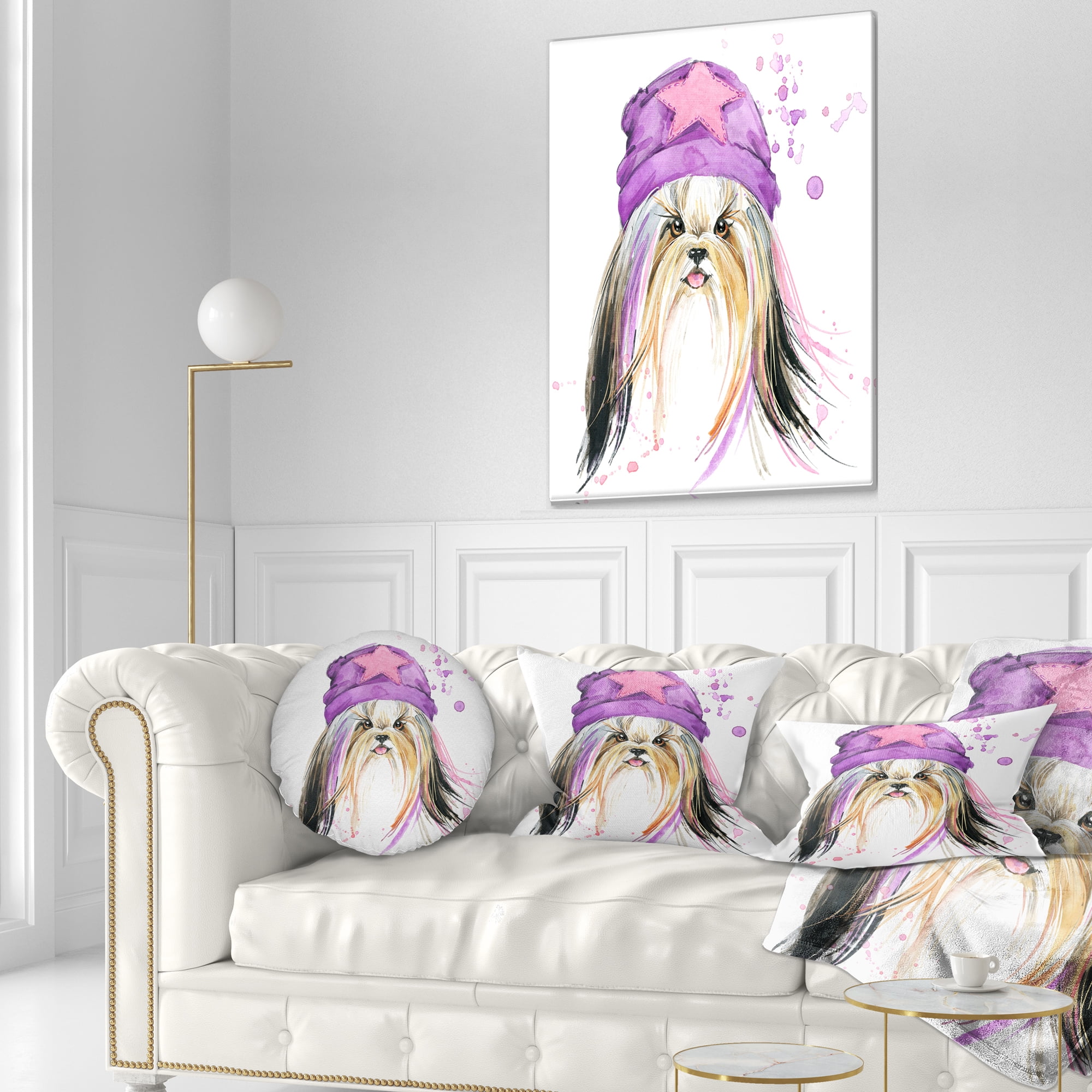 Designart Stylish Puppy with Purple Hat - Animal Throw Pillow - 12x20