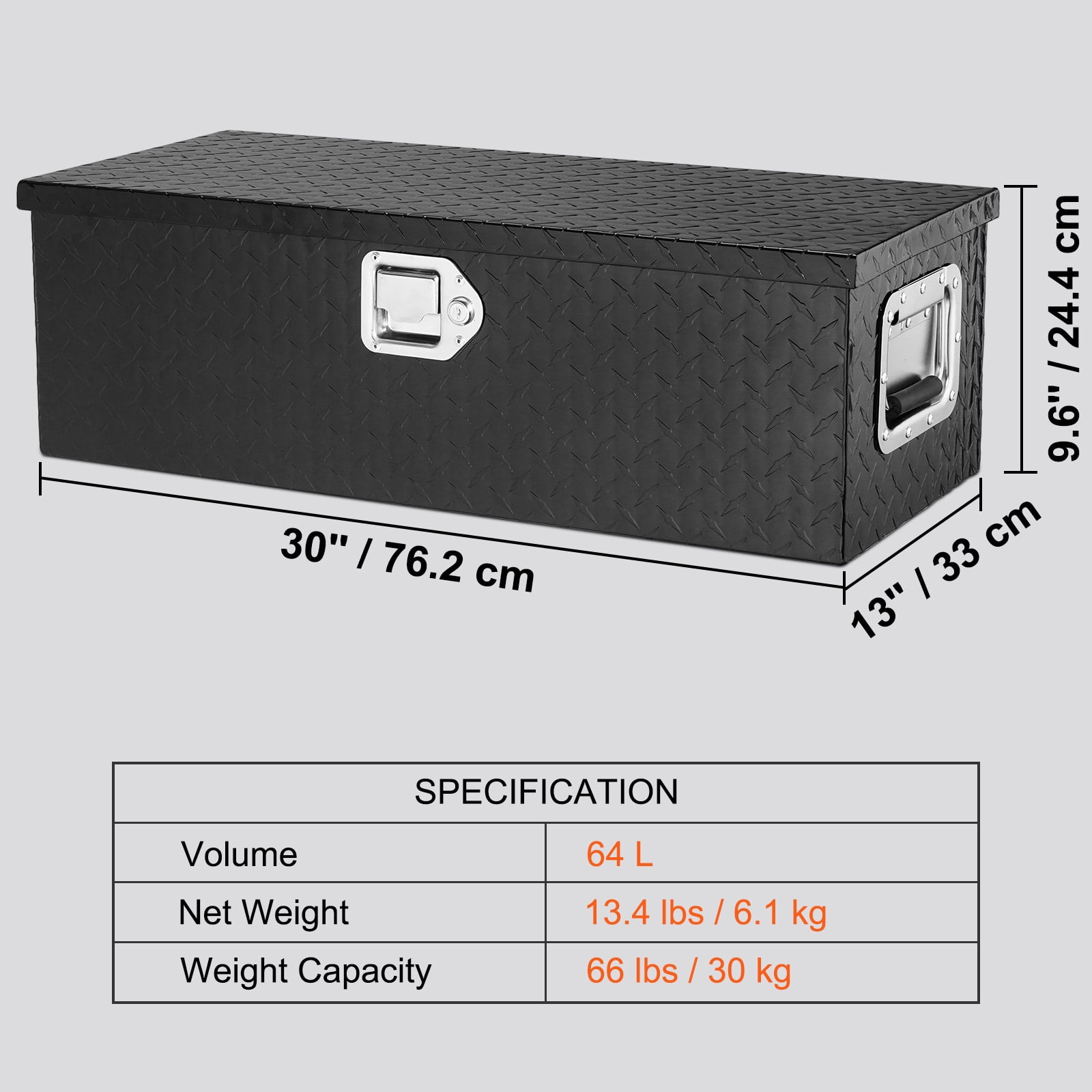 VEVOR Truck Tool Box 30"x13"x9.6" Heavy Duty Aluminum Bar Tread Tool Box for Pick Up Truck Bed