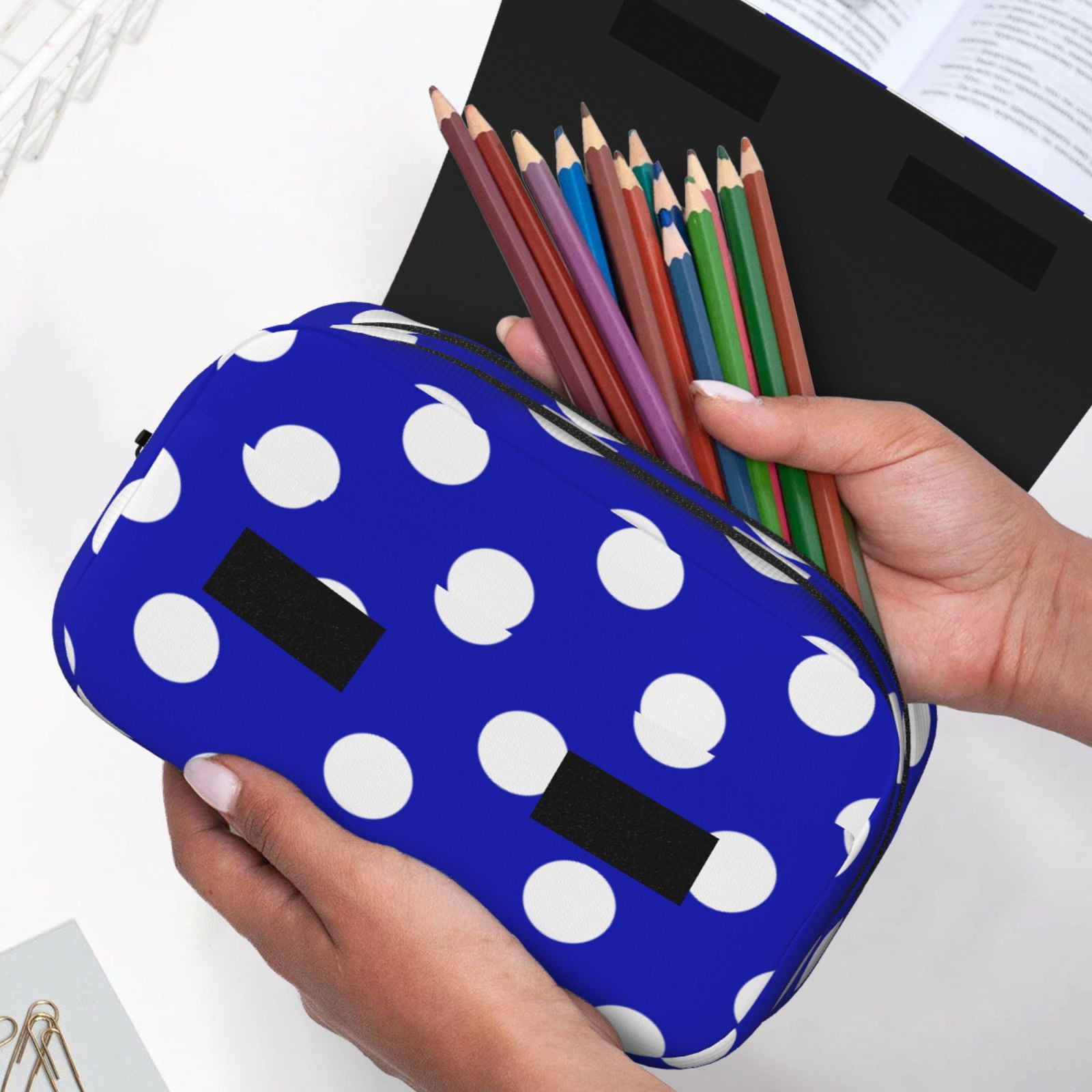 Rateoe Blue And White Polka Dot Pattern Double Clamshell Pen Case, Storage Organizer with Two Zipper Compartments– Holds Up to 50 Pencils & Pens