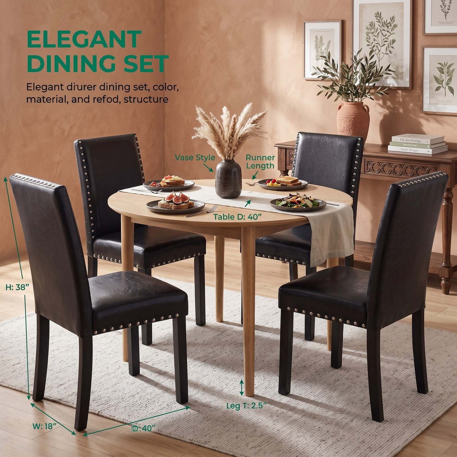 Furnibear Set of 4 Dining Chairs, Upholstered Faux Leather Kitchen Chairs with Solid Rubber Wood Legs, Nailhead Trim Armless Side Chairs for Dining Room, 400, Black
