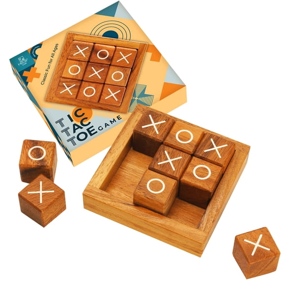Wooden Tic Tac Toe Game, Decorative Coffee Table Decor, Classic XO Board Games, Small Desk & Tabletop for Home, Office, Bar, Travel Size Gift