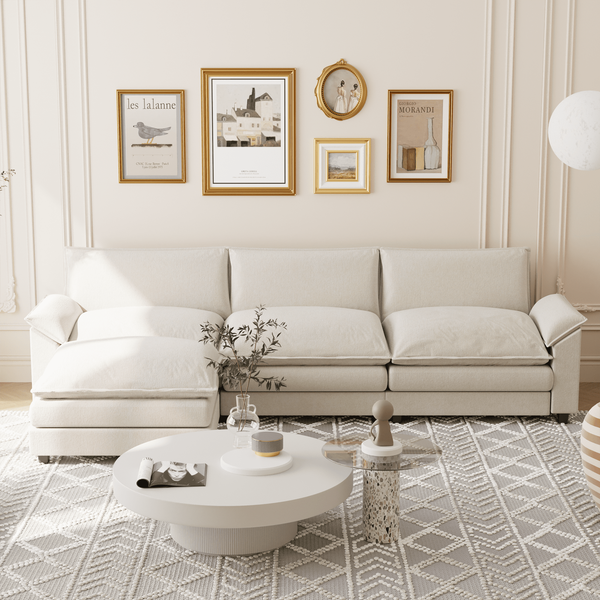 Homall 3-seat L-shaped Cloud Couch Sectional Sofa with reversible toffee chair Movable Footrest Sofa, White