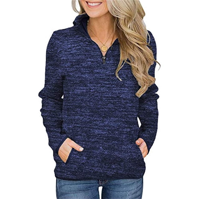 Coloody Chandails Henley à Fermeture Éclair à Manches Longues pour Femmes, Coupe Ample Décontractée, Tunique à Enfiler avec Poches