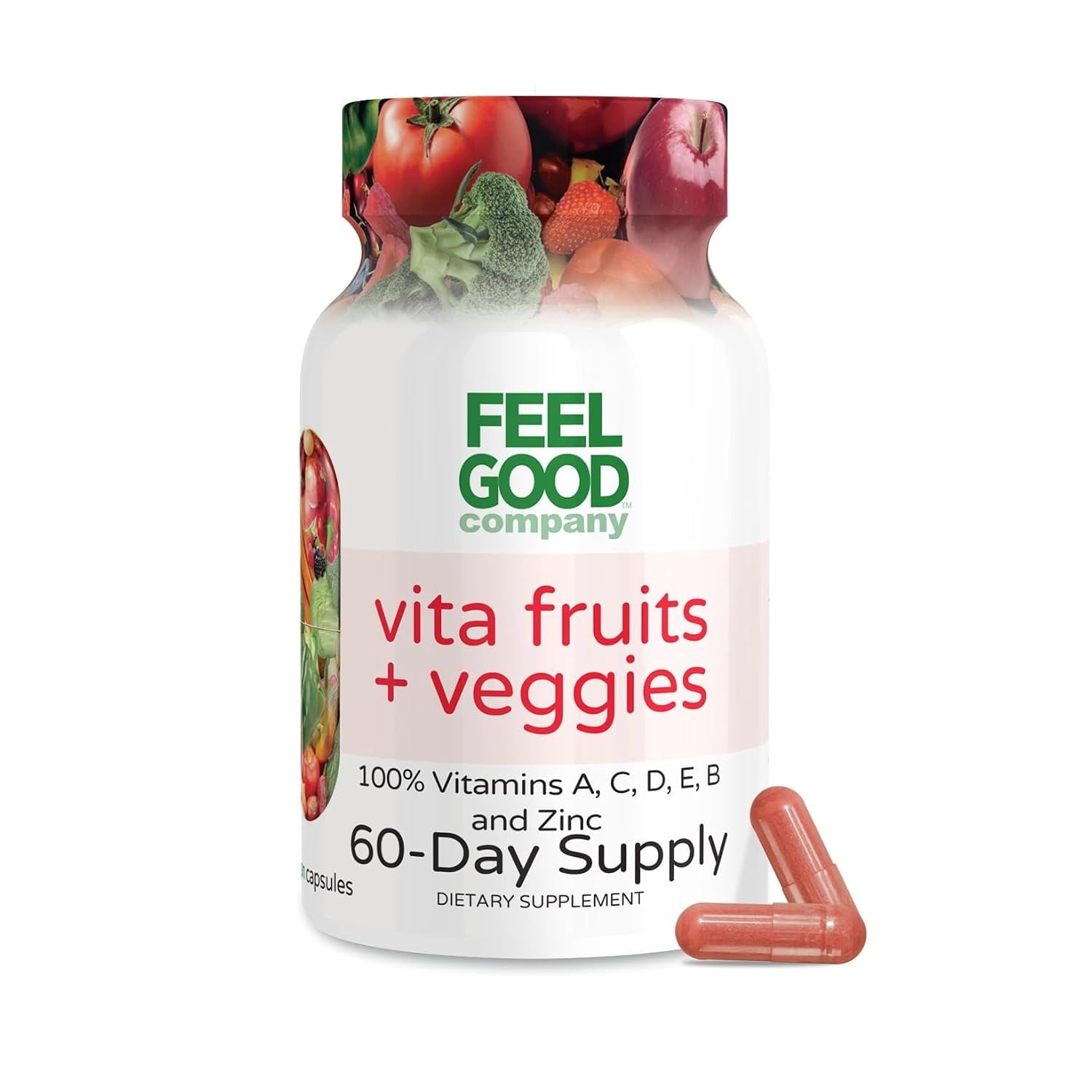 FeelGood Company Vita Fruits and Veggies Capsules - 25 Superfood Ingredients, Fruit and Vegetable Multivitamin, 60 Count - For men and women - Vitamins A, C, D, E, B and Zinc
