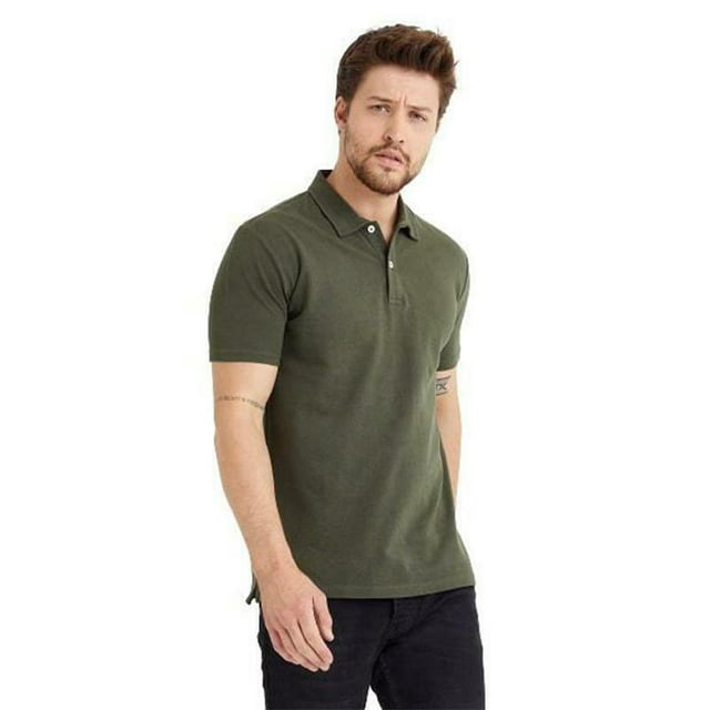 Men's Polo Performance Quick Dry Soft 2-Button Solid Short Sleeve Cotton T-Shirt (L, Army Green)
