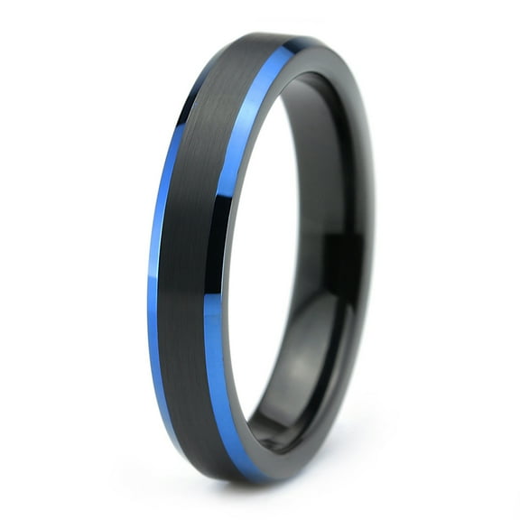 P. Manoukian Tungsten Wedding Band Ring 4mm for Men Women Black Blue Beveled Edge Brushed Lifetime Guarantee Size 5.5