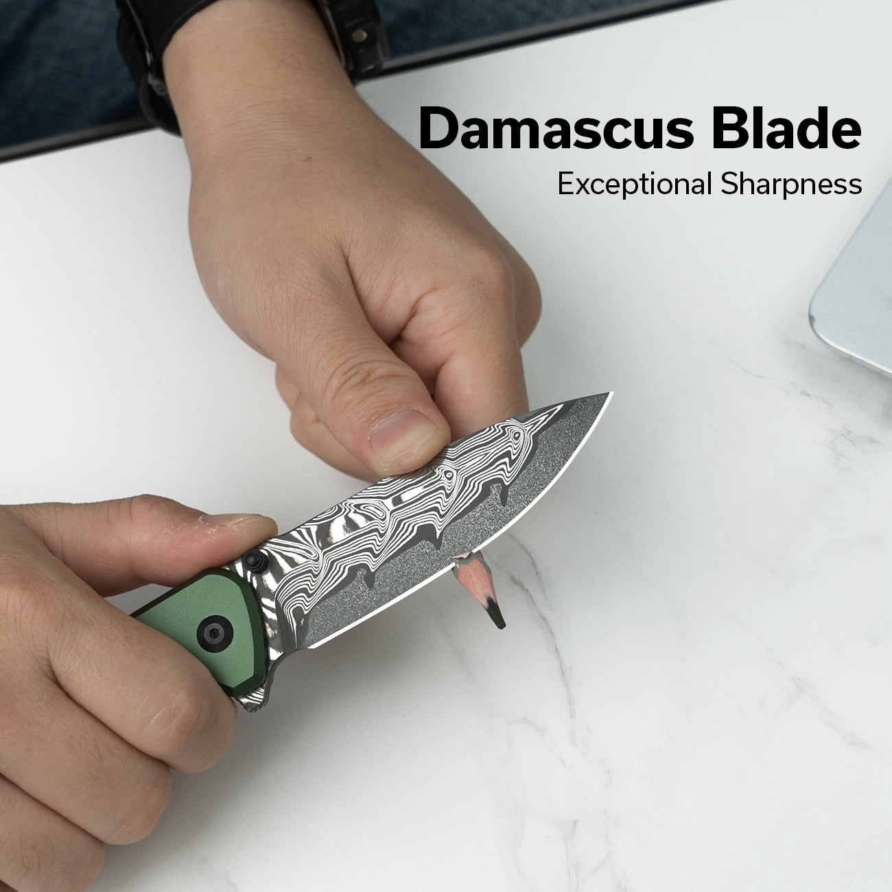 CIVIVI Hyperpulse Pocket Folding Knife, 3.5" Damascus Blade Lightweight Green Aluminum Handle C23087A-4