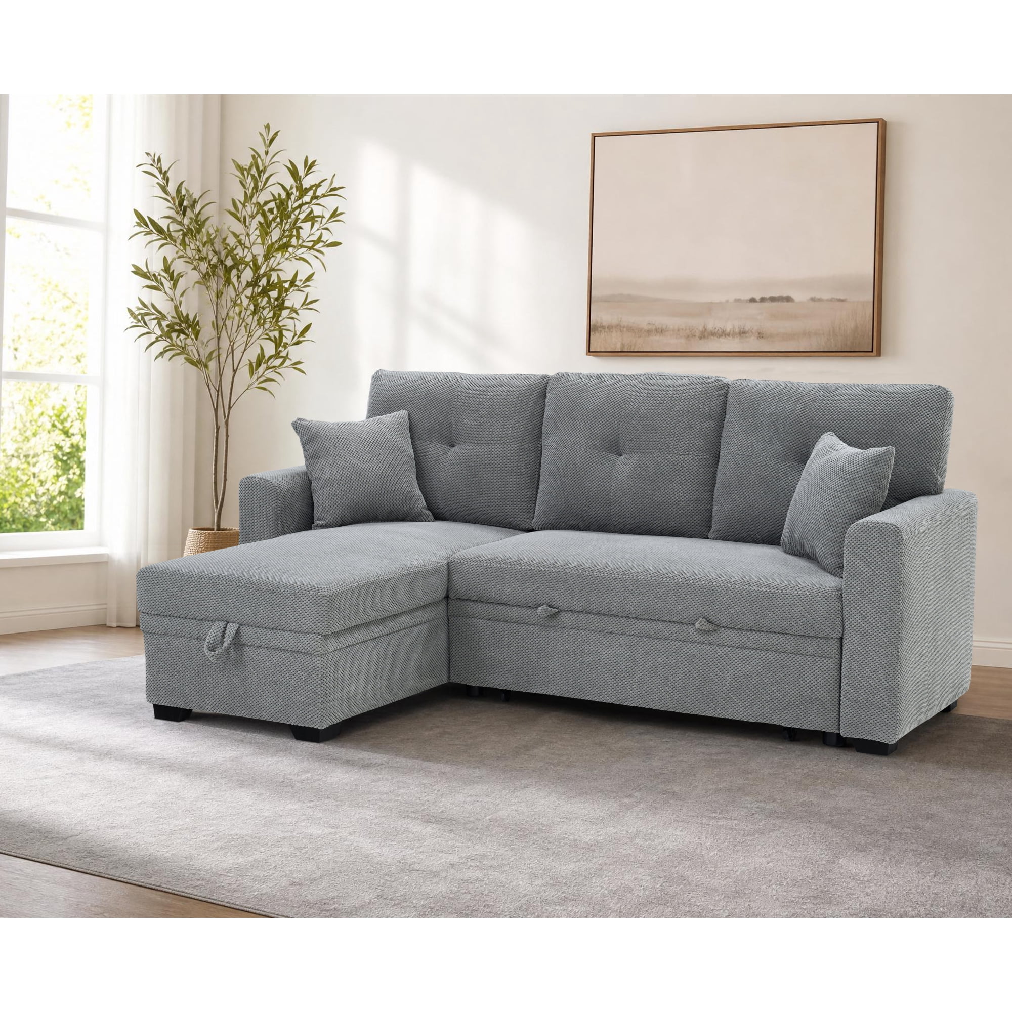 Leumius L Shaped Sectional Sofa with Pull Out Bed and Storage Chaise, 3 Seater Sectional Couch Convertible Sofa Bed for Small Space, Apartment & Guest Room, Light Gray