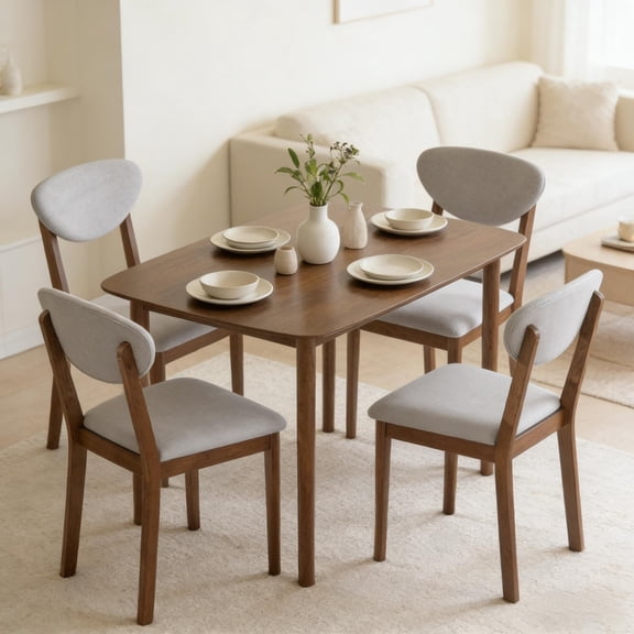 47.2 Inch Mid Century Modern Dining Table Set 5 Piece with 4 Chairs Walnut Light Gray