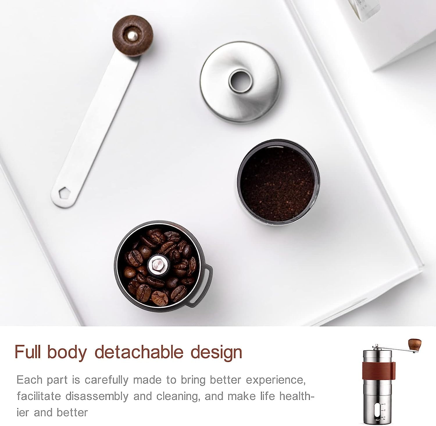 Manual Coffee Grinder Hand Coffee Grinder Bean Grinder with Adjustable Settings Suitable Use for Home Office and Travel Stainless Steel Brown