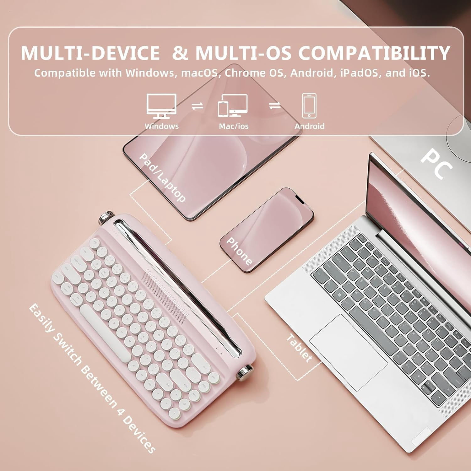 YUNZII Retro Wireless Typewriter Keyboard with Stand, USB-C/Bluetooth, Cute Round Keycaps,Stand for Table, Phone, PC and Win/Mac/Android,Pink