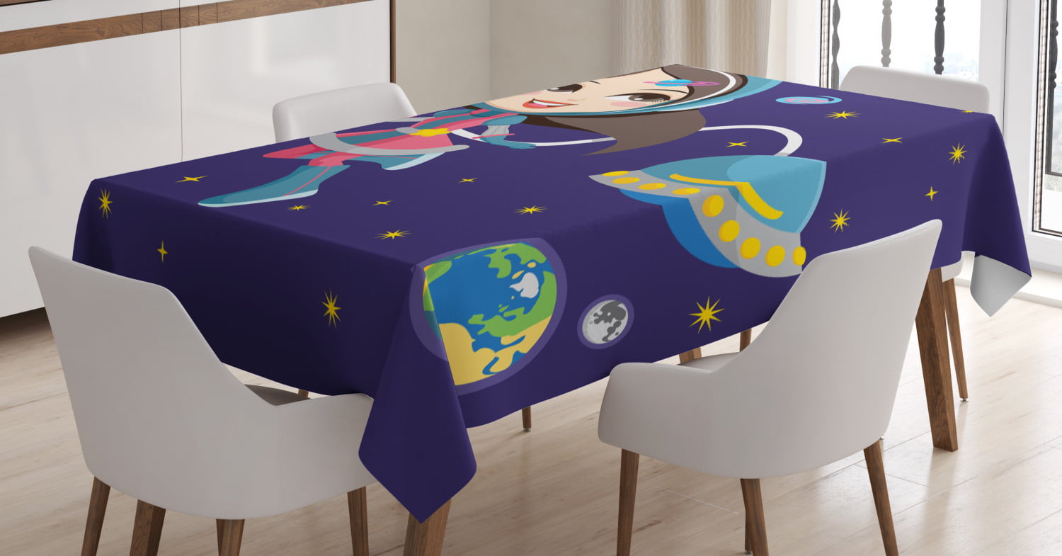 Little Girl Exploring Space with Cosmic Fashion Galactic Adventure Cartoon Washable Fabric Placemats for Dining Table Standard Size Multicolor Ambesonne Retro Place Mats Set of 4