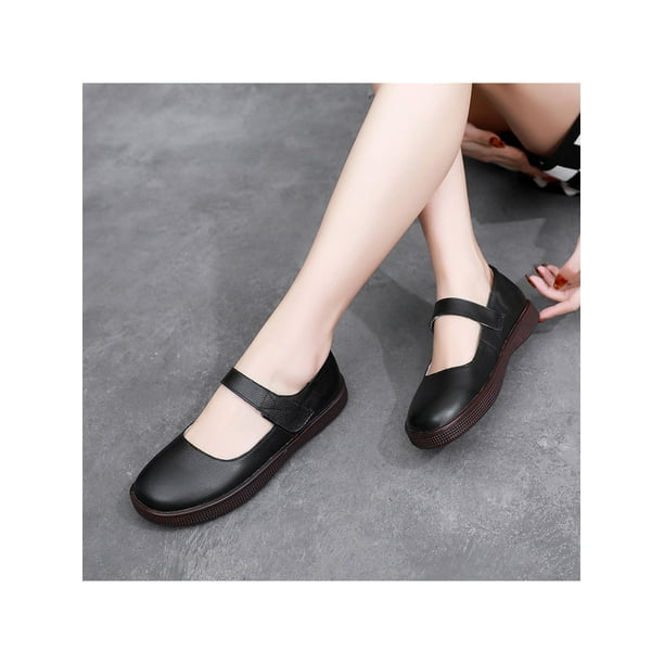 Woobling Ladies Mary Jane Flats Closed Toe Comfort Shoe Ankle Strap Casual Shoes Lightweight Work Comfortable Non Slip Black 6