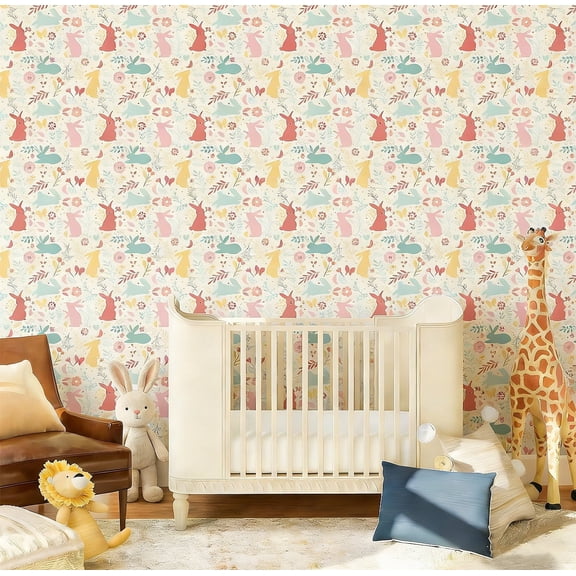 TOARTi Cute Rabbit Wallpaper Colorful Peel And Stick Botanical Wall Decal Flowers For Nursery Bedroom Girls Room 17.3in x 9.8ft