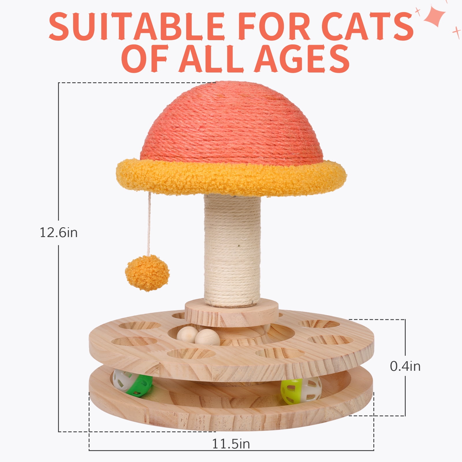 DENTRUN Cat Toy Roller, Interactive Cat Turntable Ball Track with Scratching Post Dangling Ball, Wood Maze Play Toy Ball for Indoor Cats Kittens