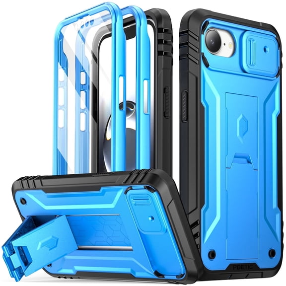 Poetic Revolution Case for iPhone 16e 6.1 inch, [Slide Camera Cover], Full-Body Military Grade Case with Kickstand and Built-in-Screen Protector, Light Blue