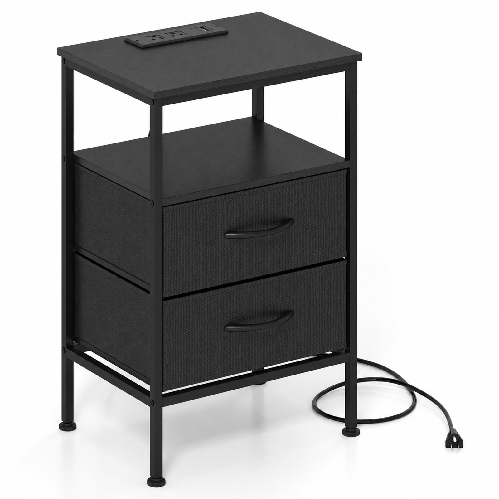 Furnibear Nightstand with Charging Station 24.5 inch Modern Bedside Table with 2 Fabric Drawers for Bedroom Living Room Bedside Sofa Side, Black