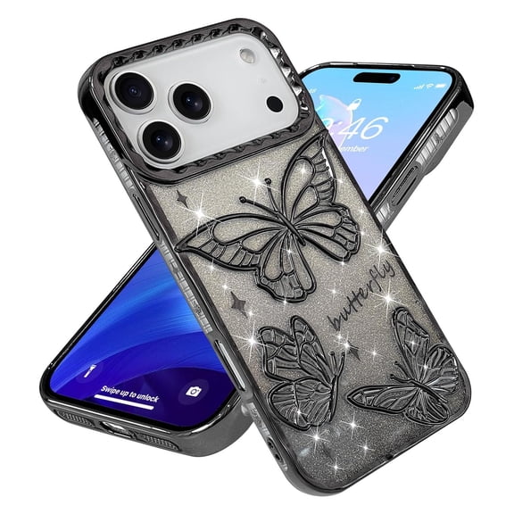Poweltek Glitter Butterfly Phone Case for iPhone 17, 2 in 1 Gradient Bling Paper Luxury Plated Slim Soft TPU Shockproof Protective Cover for Women Girls, Black