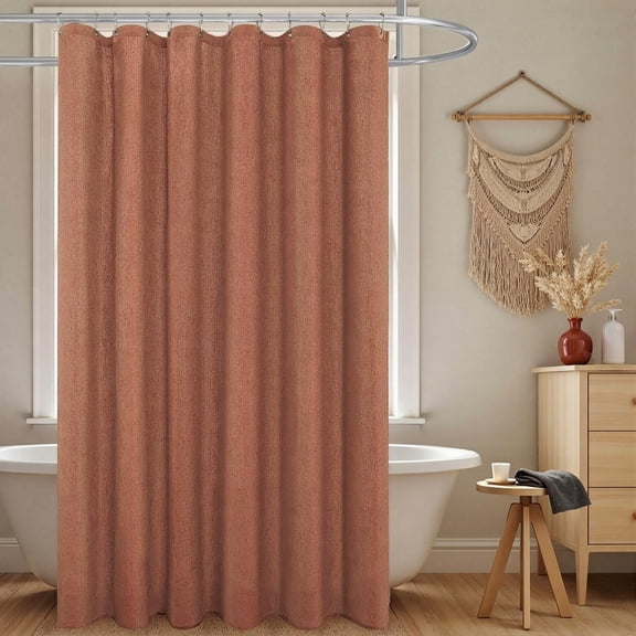 Terracotta Linen Fabric Boho Western Bohemian Shower Curtain, 72"W x 72"L with Hooks