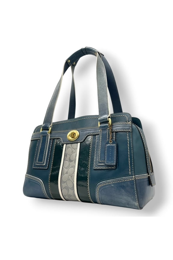 Pre-Owned Coach Hamptons Leather Carryall Handbag/Tote Bag, Blue, 11060, Signature... (Good)
