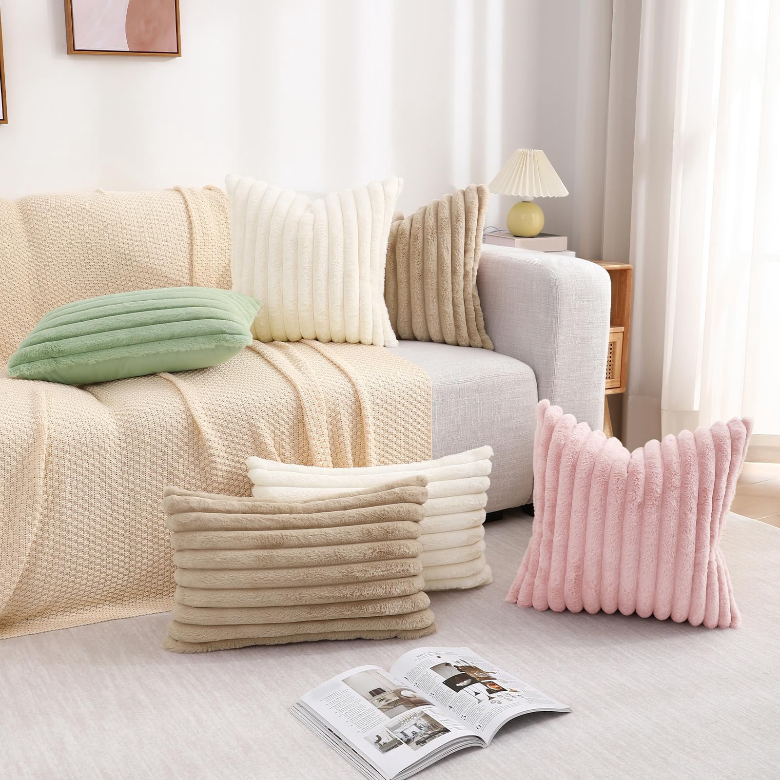 decorUhome Pack of 2 Faux Fur Plush Throw Pillow Covers 12x20, Soft Fluffy Striped Decorative Couch Pillow Covers , Blush Pink