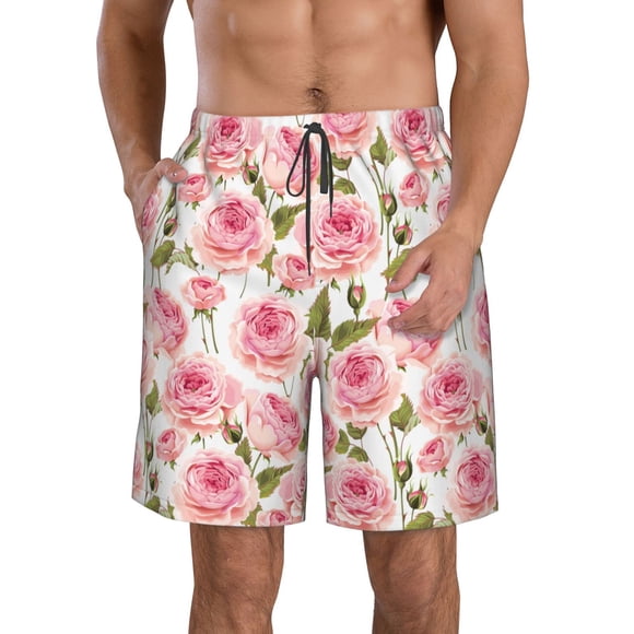 Wukai Rose Flowers Print Beach Trunks with Compression Liner Swimsuit Quick Dry Beach Sports Shorts with Pocket-Small