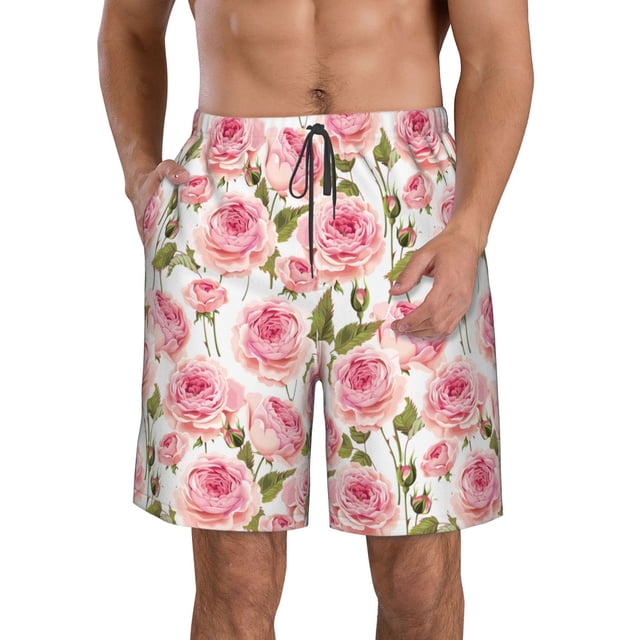 Saiise Caleçon de Bain pour Hommes à Imprimé de Fleurs Roses, Short de Plage Hawaïen avec Poches - 3X-Grand