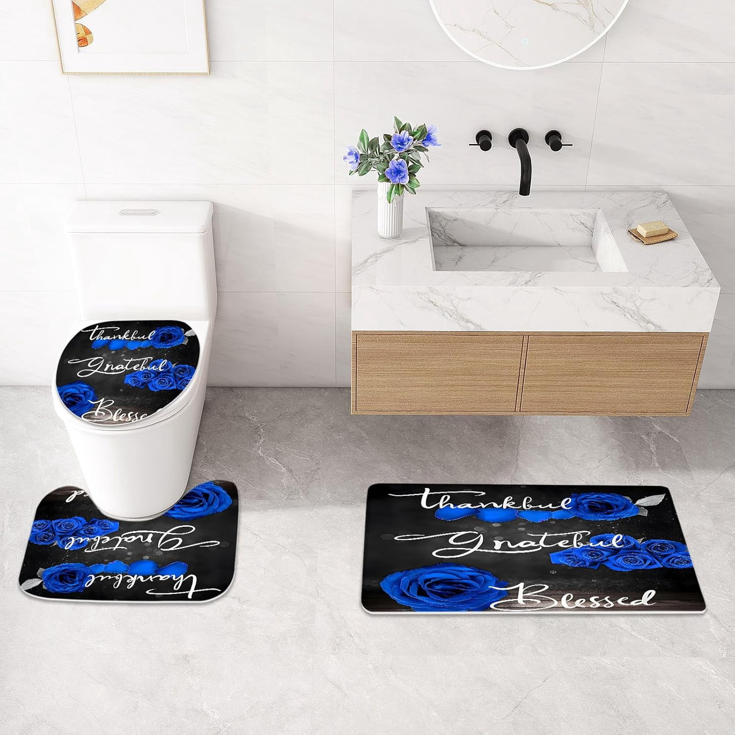 4 Pcs Red Rose Shower Curtain Set with Non-Slip Rugs, Toilet Lid Cover and Bath Mat, Thankful Grateful Blessed Romantic Showy Elegant Floral Bathroom Decor Set with Shower Curtain and Rugs