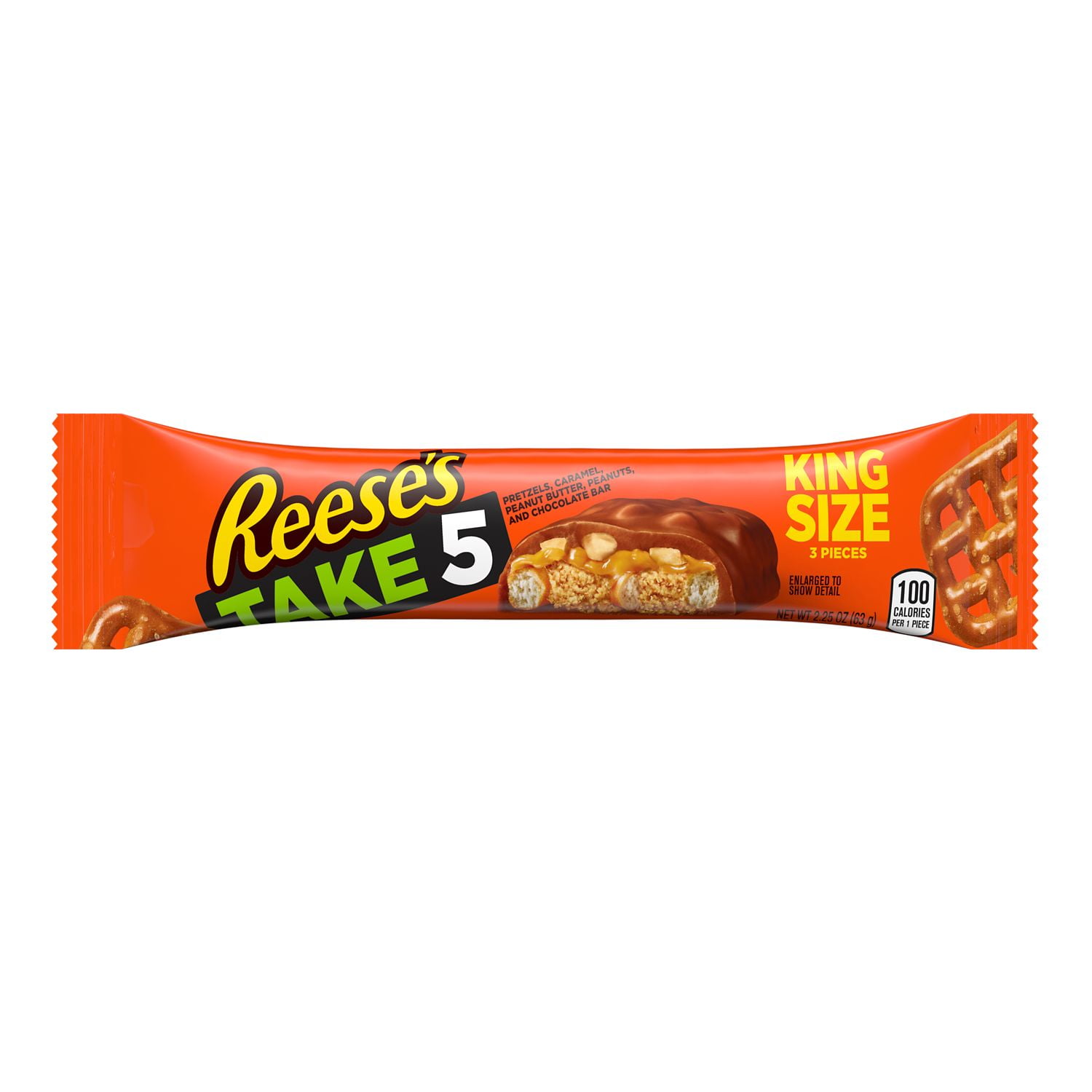 REESE'S, TAKE 5 Pretzel, Caramel, Peanut Butter, Peanut and Chocolate Candy Bars, Individually Wrapped, 2.25 oz, King Size Pack