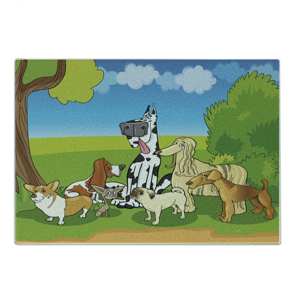 Dog Lover Cutting Board, Cartoon Illustration of Funny Purebreds at Forest in a Happy Sunny Day, Decorative Tempered Glass Cutting and Serving Board, in 3 Sizes, by Ambesonne