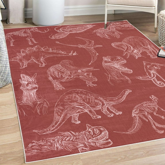 Jurassic Decorative Rug, Arrangement of Various Dinosaurs Illustrations Skeleton Biology Historic, Quality Carpet for Bedroom Dorm and Living Room, 6 Sizes, Dark Pink, by Ambesonne