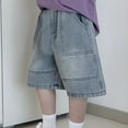 thumbnail image 6 of ZACPNCV Teen Boys Baggy Denim Shorts Wide Leg Knee Length Cargo Jeans Pockets Hip Hop Skateboard Summer Shorts for Kids Blue 14-16 Years, 6 of 7