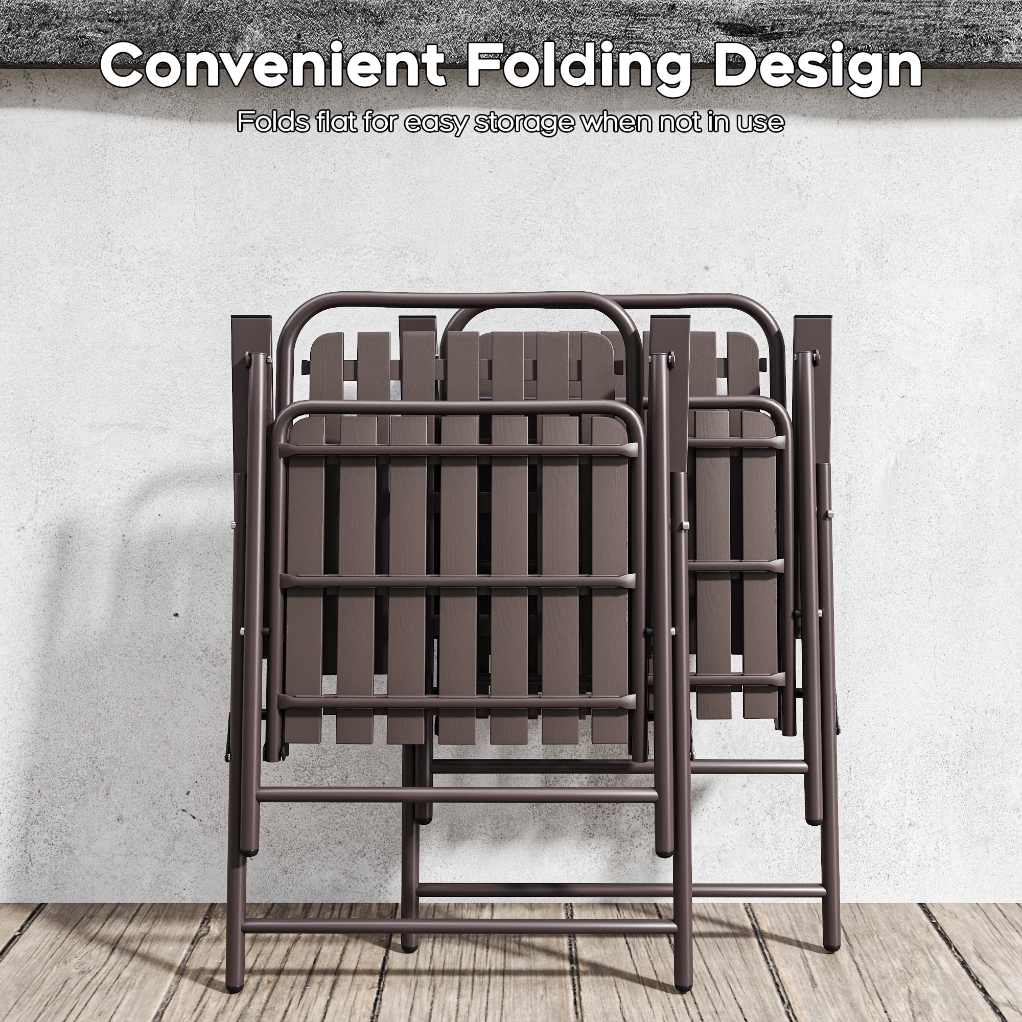 2-Piece Folding Patio Chair Set with No Assembly Required, 350 lb Capacity Heavy Duty Outdoor Chair with Stain-Proof WPC Slats, Rust-Resistant for Balcony Garden, Antique Brown