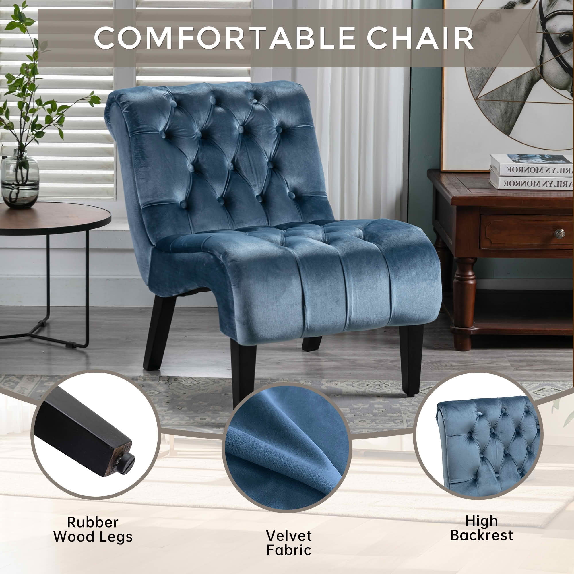 MAYEERTY 22.83-Inch Velvet Button Tufted Armless Accent Chair, Upholstered Leisure Side Chair with Wooden Legs for Bedroom Living Room Office