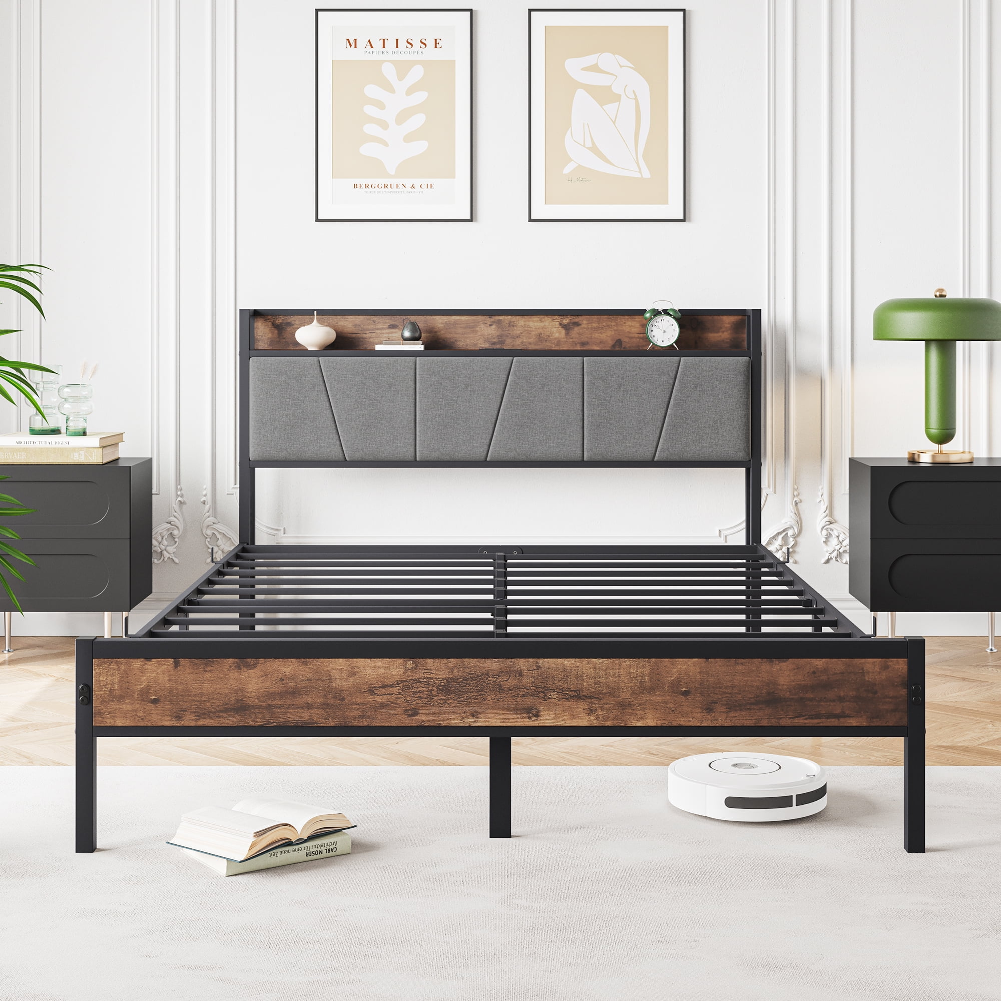 Queen Bed Frame with Storage Headboard/USB Charging Station,Heavy Duty Metal Upholstered Single Platform Queen Size Bed Frame,No Box Spring Needed,Heavy Duty Metal Slats,86.38"x59.45"x38.78",Brown