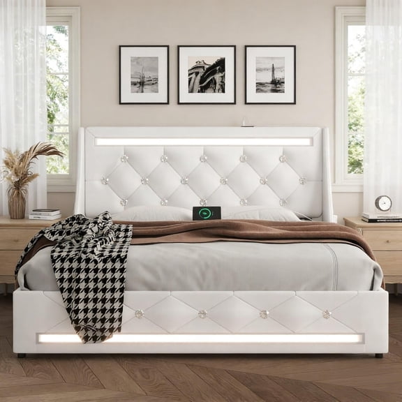 Pioneer & Pine Full Wingback Bed, LED Lights, Charging Station, 2 Drawers, White